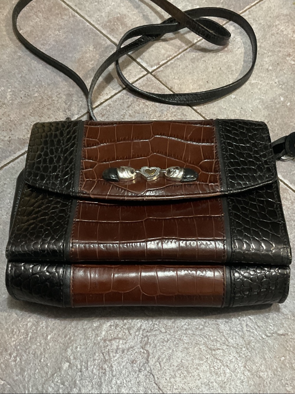 Brighton Brown and Black Croc-Embossed Crossbody vintage